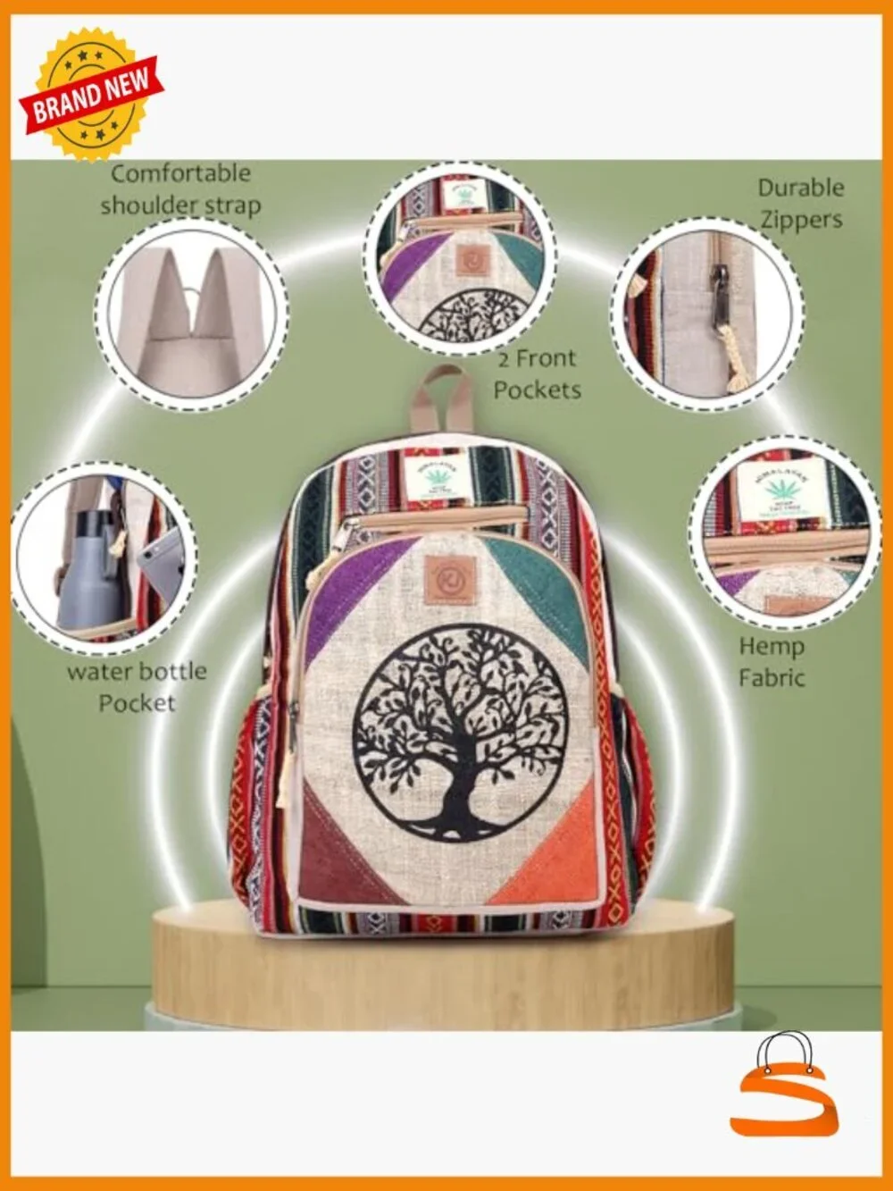 Large Handmade Hemp Backpack Multi Pocket Boho Fair Trade